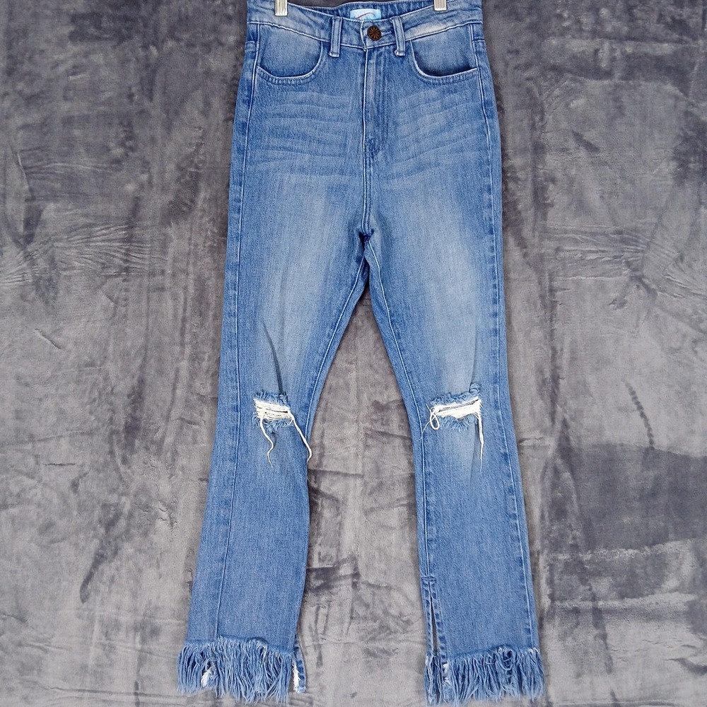 High Rise Slim Straight Ankle Stretch Jeans Womens 26‎ Distressed Fray MuMu Blue